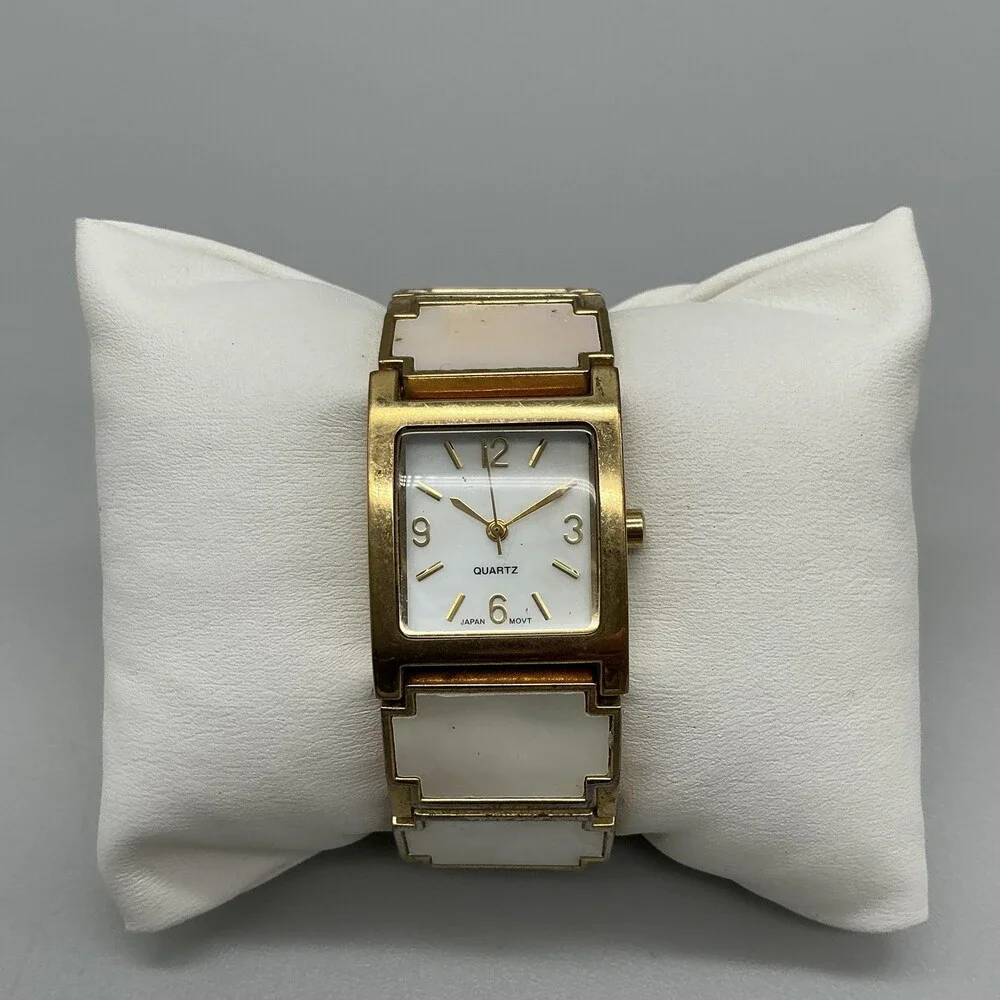 Mother of Pearl Inlay Band Womens Watch 22mm Gold Tone Square New Battery 6.5